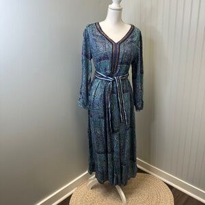 NWT Soft Surroundings V-neck embroidered  blue Eugenie Maxi Dress size Small